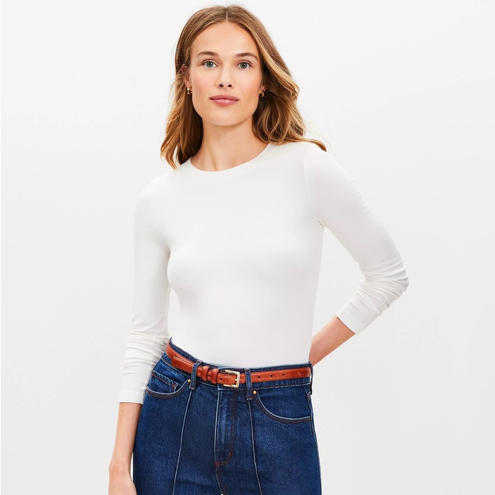 LOFT Long Sleeve Crew Neck Top in Creme